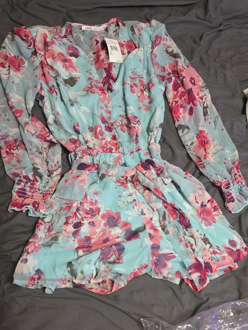 Nordstrom Floral Button-Front Romper in Aqua and Pink